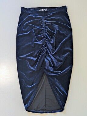 Good American Velvet Ruched Midi Skirt Size 3 Large Navy Blue Bodycon Cocktail